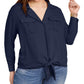 INC International Concepts Women's Plus Tie front Pocket Blouse Blue Size OX