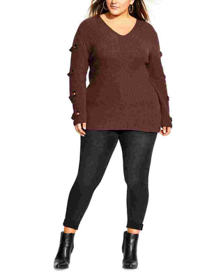 City Chic Women's Trendy Plus Size Grommet-Sleeved Sweater Brown Size 18W