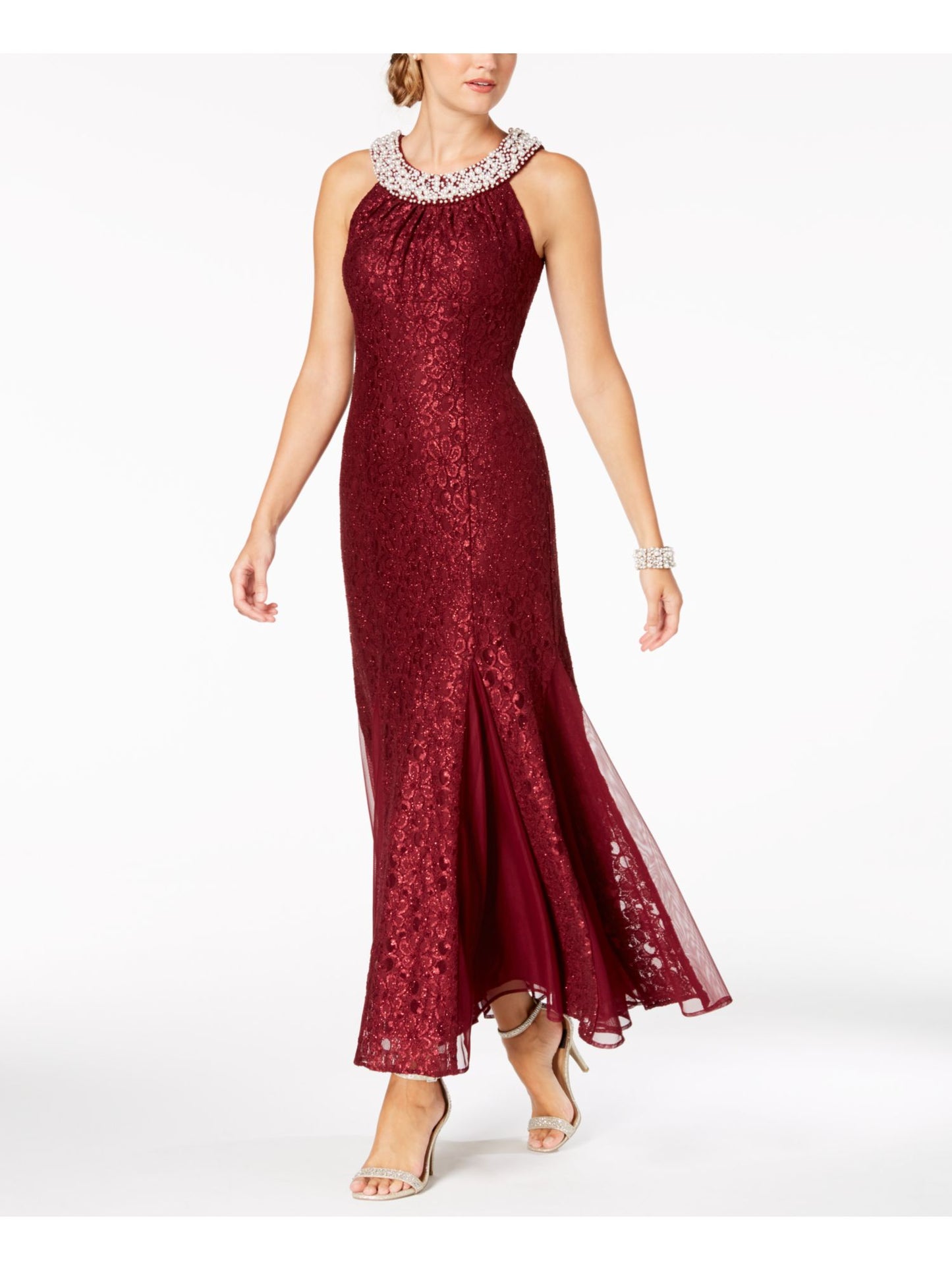 R & M Richards Women's Lace Embellished Evening Dress Winestone Size 8