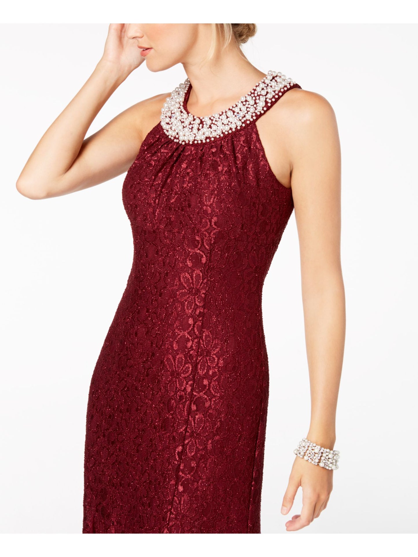 R & M Richards Women's Lace Embellished Evening Dress Winestone Size 8