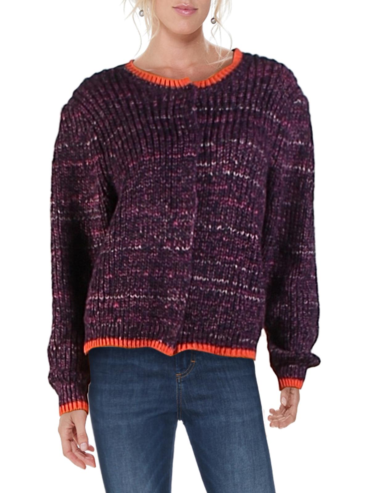 Free People Women's Marled Contras Trim Cardigan Sweater Purple Size Large