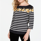 Charter Club Women's Striped Floral Print Top Black-Yellow  Size -Petite L