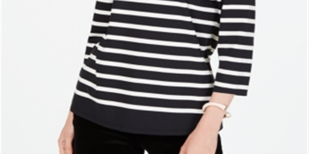 Charter Club Women's Striped Floral Print Top Black-Yellow  Size -Petite L