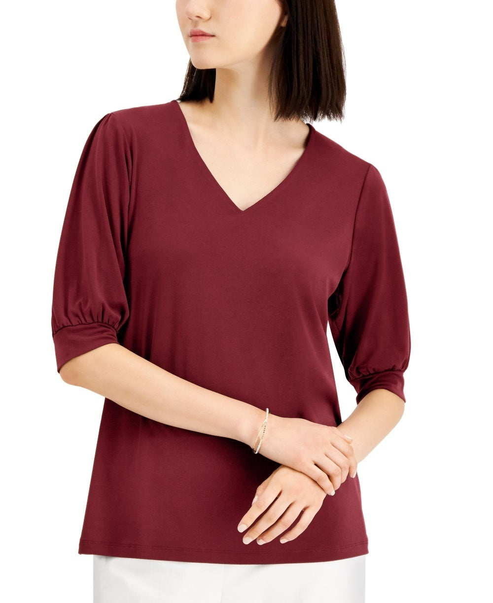 JM Collection Women's Puff-Sleeve V-Neck Top  Wine Size Small