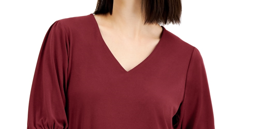 JM Collection Women's Puff-Sleeve V-Neck Top  Wine Size Small