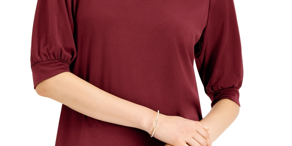 JM Collection Women's Puff-Sleeve V-Neck Top  Wine Size Small