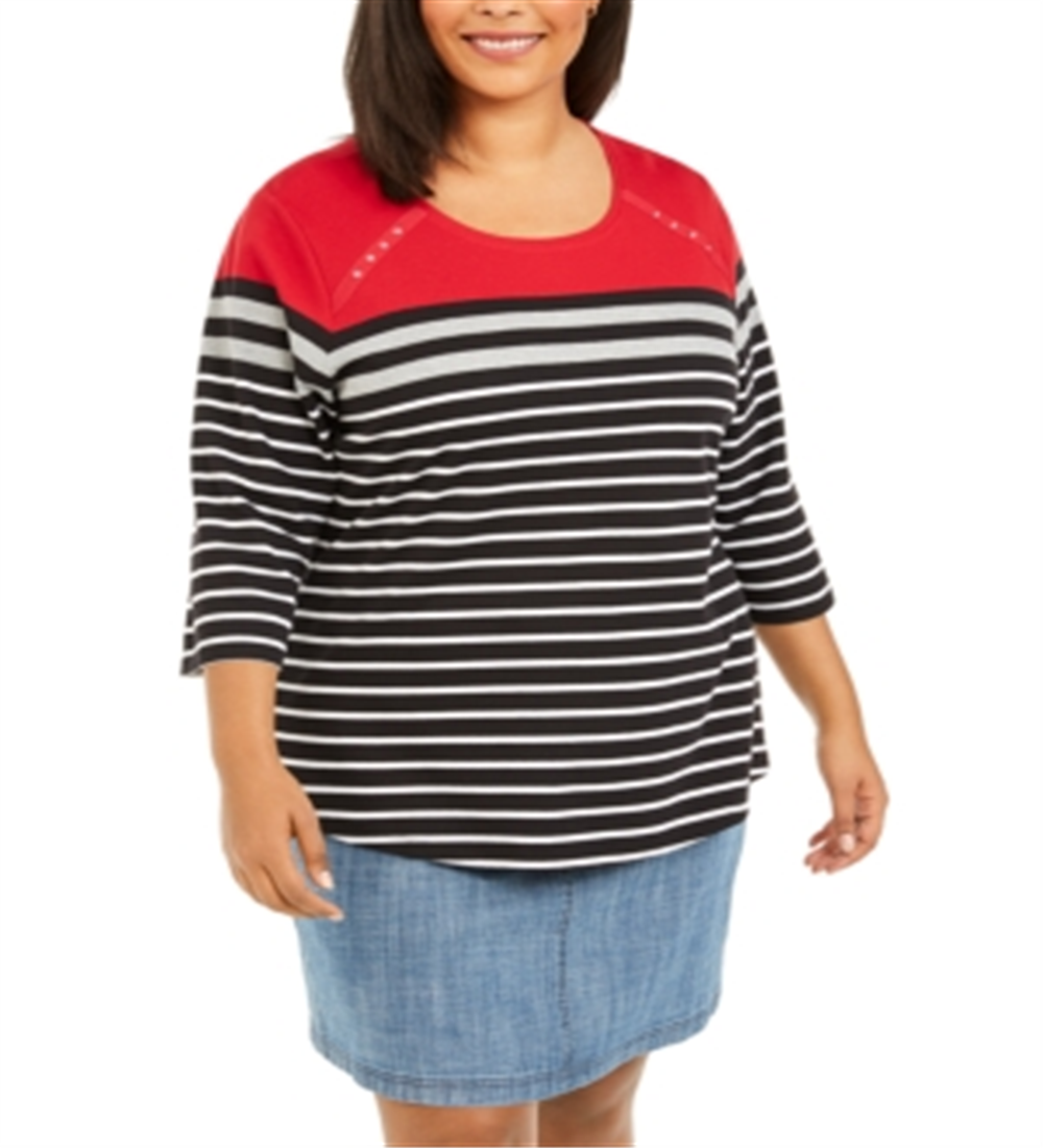 Karen Scott Women's Plus Scoop Neck Striped Top Red Size 0X