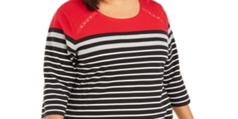 Karen Scott Women's Plus Scoop Neck Striped Top Red Size 0X