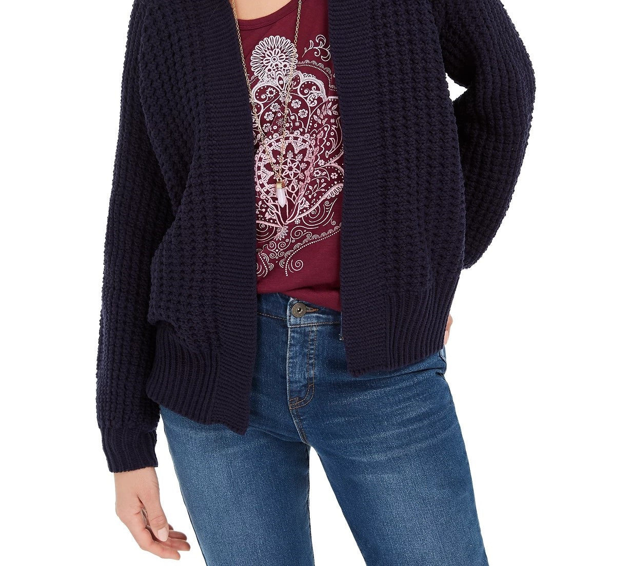 Style & Co Women's Chunky Cable-Knit Open-Front Cardigan Navy Size Large