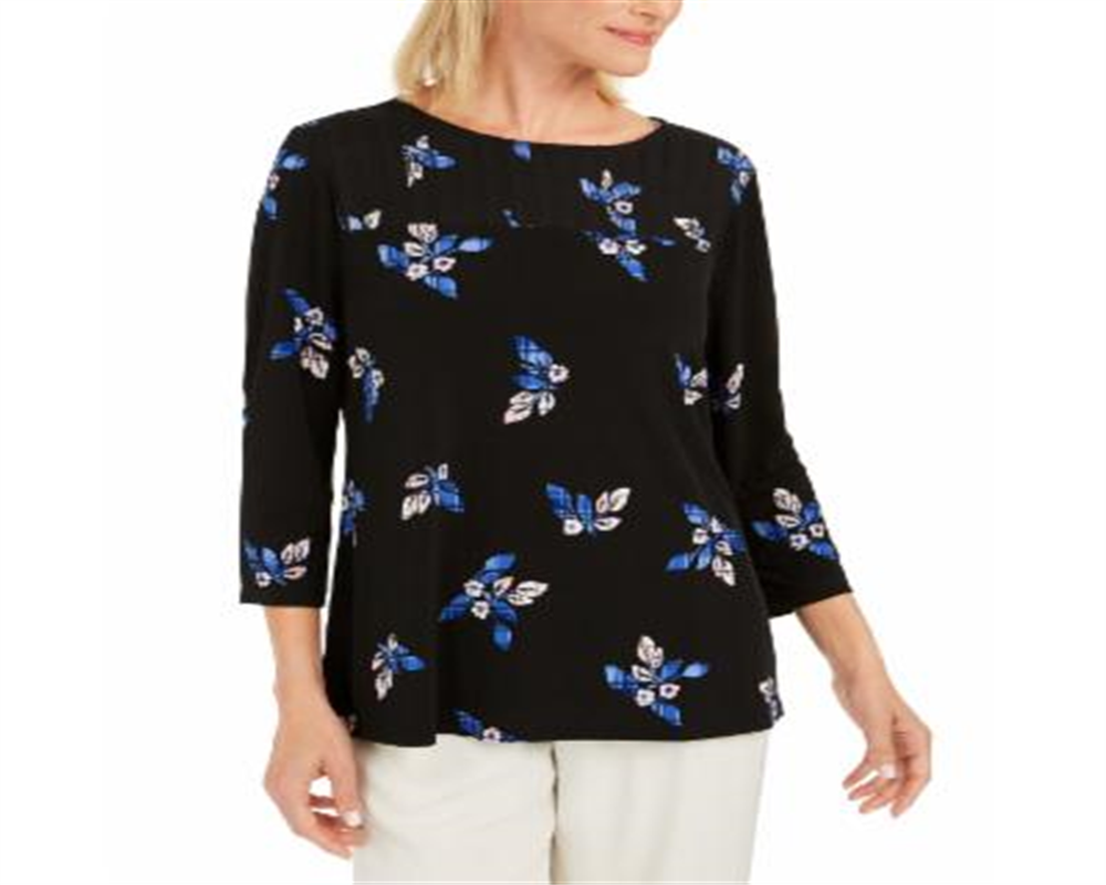 Charter Club Women's Floral Pintucked Top Black Size Petite Large