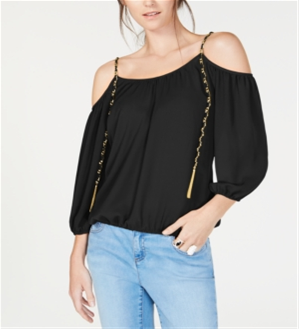 INC International Concepts Women's Tasseled Cold Shoulder Top Black Size Petite S