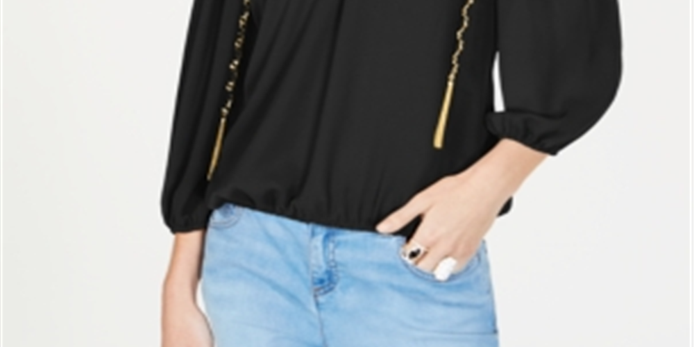 INC International Concepts Women's Tasseled Cold Shoulder Top Black Size Petite S