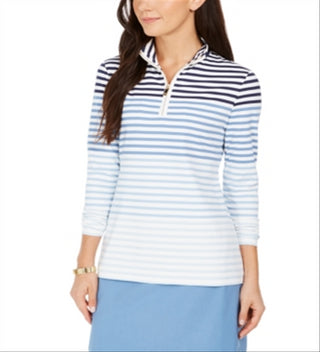 Charter Club Women's Striped Mock Neck Zip Front Top White-Blue Stripes Size Petite S