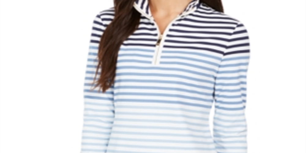 Charter Club Women's Striped Mock Neck Zip Front Top White-Blue Stripes Size Petite S