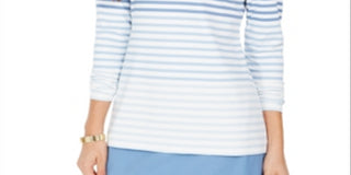 Charter Club Women's Striped Mock Neck Zip Front Top White-Blue Stripes Size Petite S