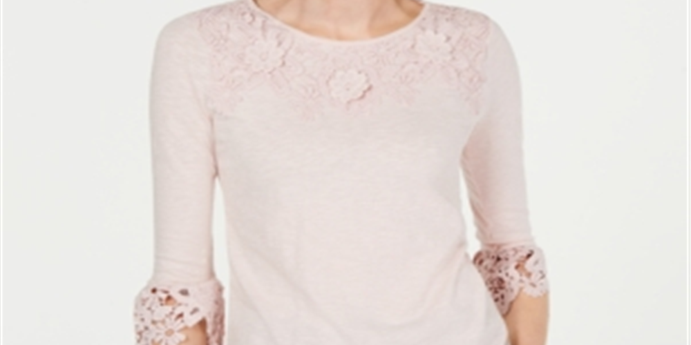 Charter Club Women's Bell Sleeve Embroidered Top Pink Size Petite XL