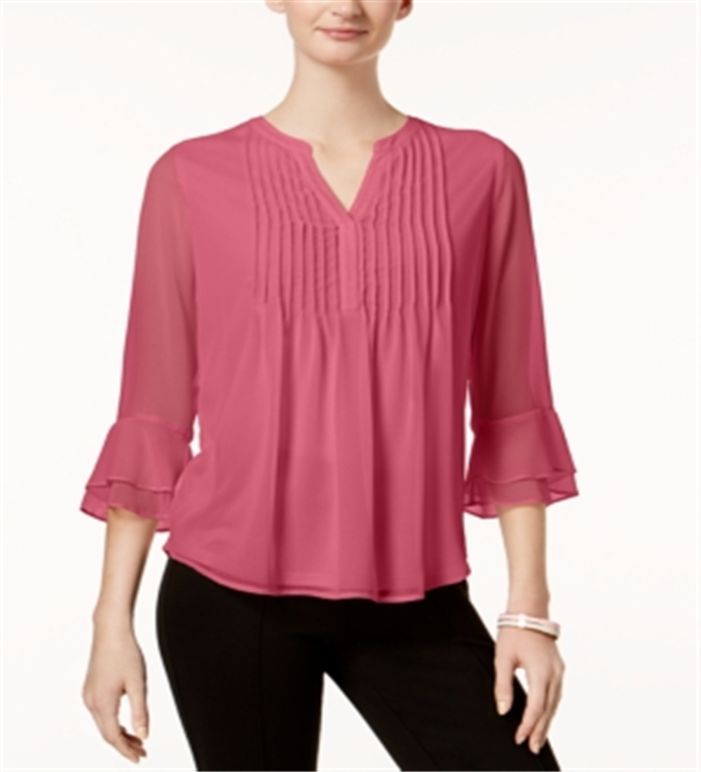 Charter Club Women's Double Ruffle Solid Pintuck Top Pink Size Petite Large