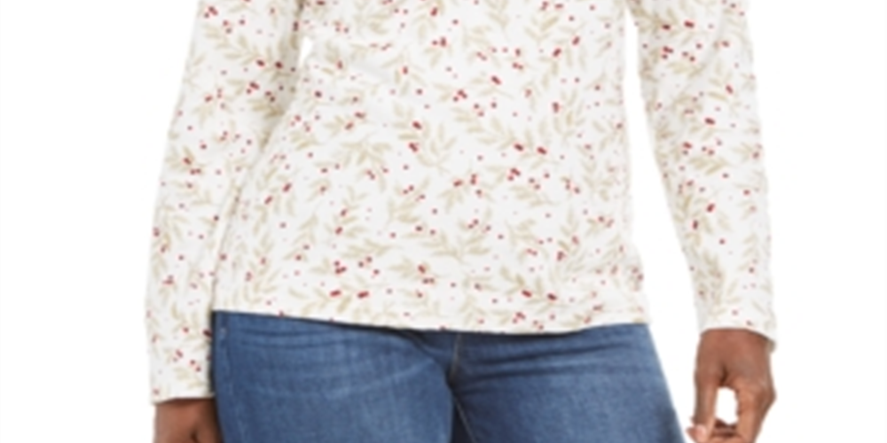 Karen Scott Women's Wheat Fields Printed Mock Neck Top White Size Petite S