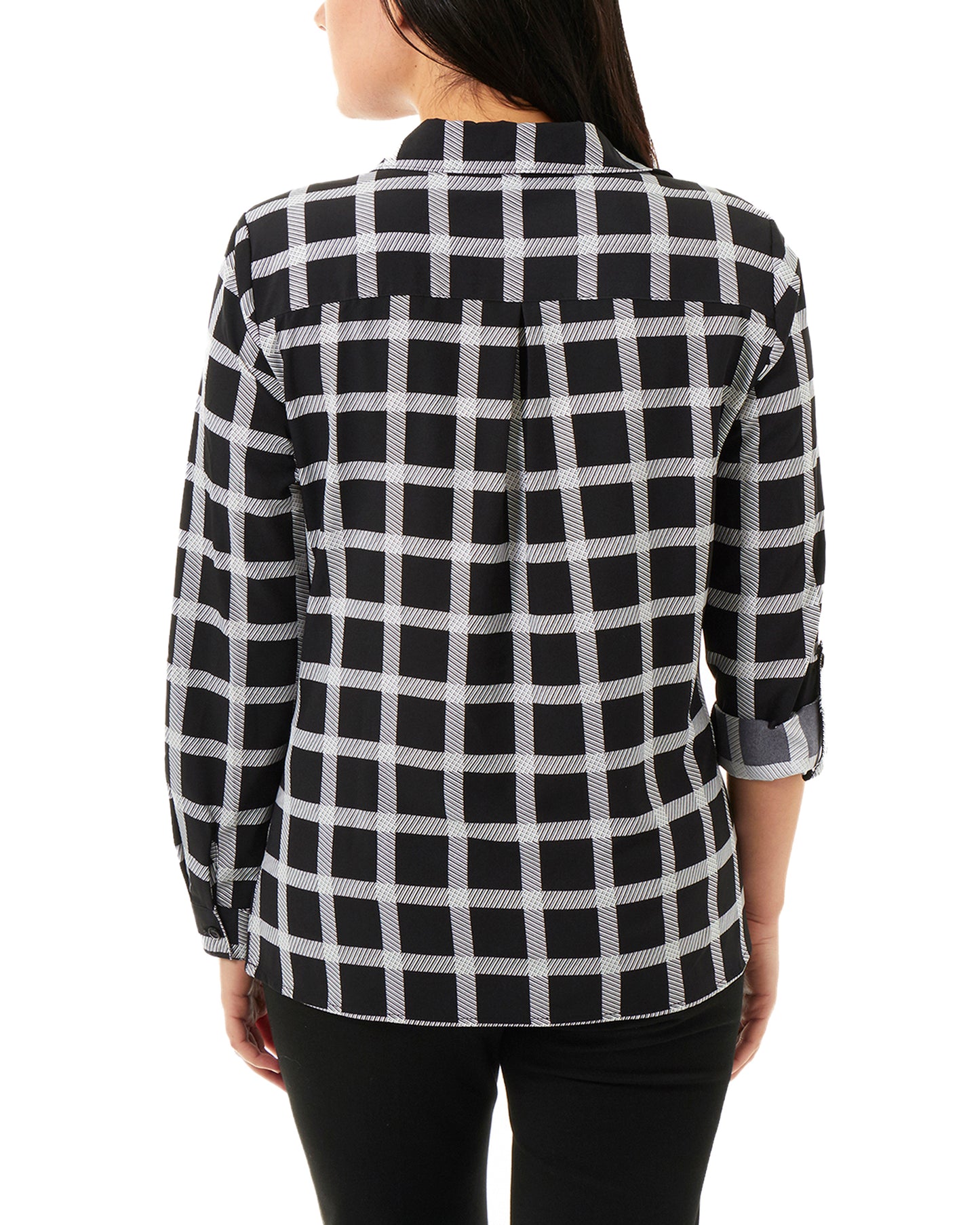 NY Collection Women's Printed Roll Tab Sleeve Blouse Black Size Medium