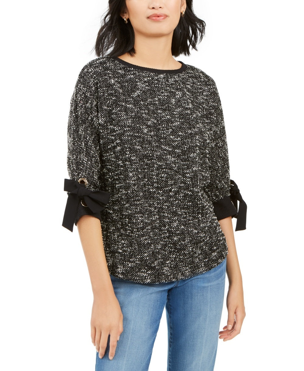 Charter Club Women's 3/4 Sleeve Bow Trim Top Black Size Large