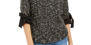 Charter Club Women's 3/4 Sleeve Bow Trim Top Black Size Large