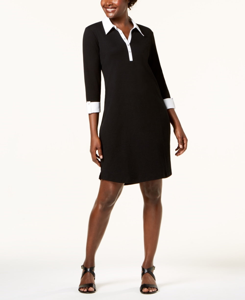 Karen Scott Women's Contrast Trim Cotton Shirtdress  Black Size Petite Small
