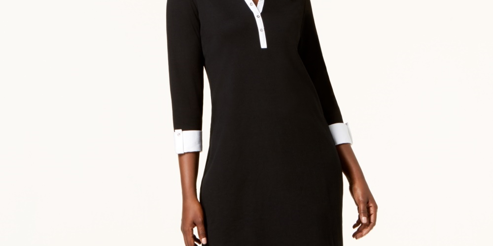 Karen Scott Women's Contrast Trim Cotton Shirtdress  Black Size Petite Small