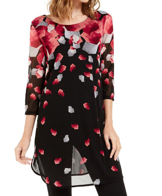 Alfani Women's Printed 3/4 Sleeve Tunic Pink-Black  Size Petite S