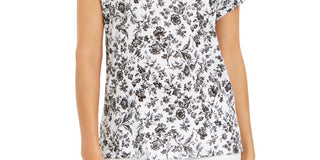 Charter Club Women's Linen Floral Print Boat Neck Top  Black Size Large