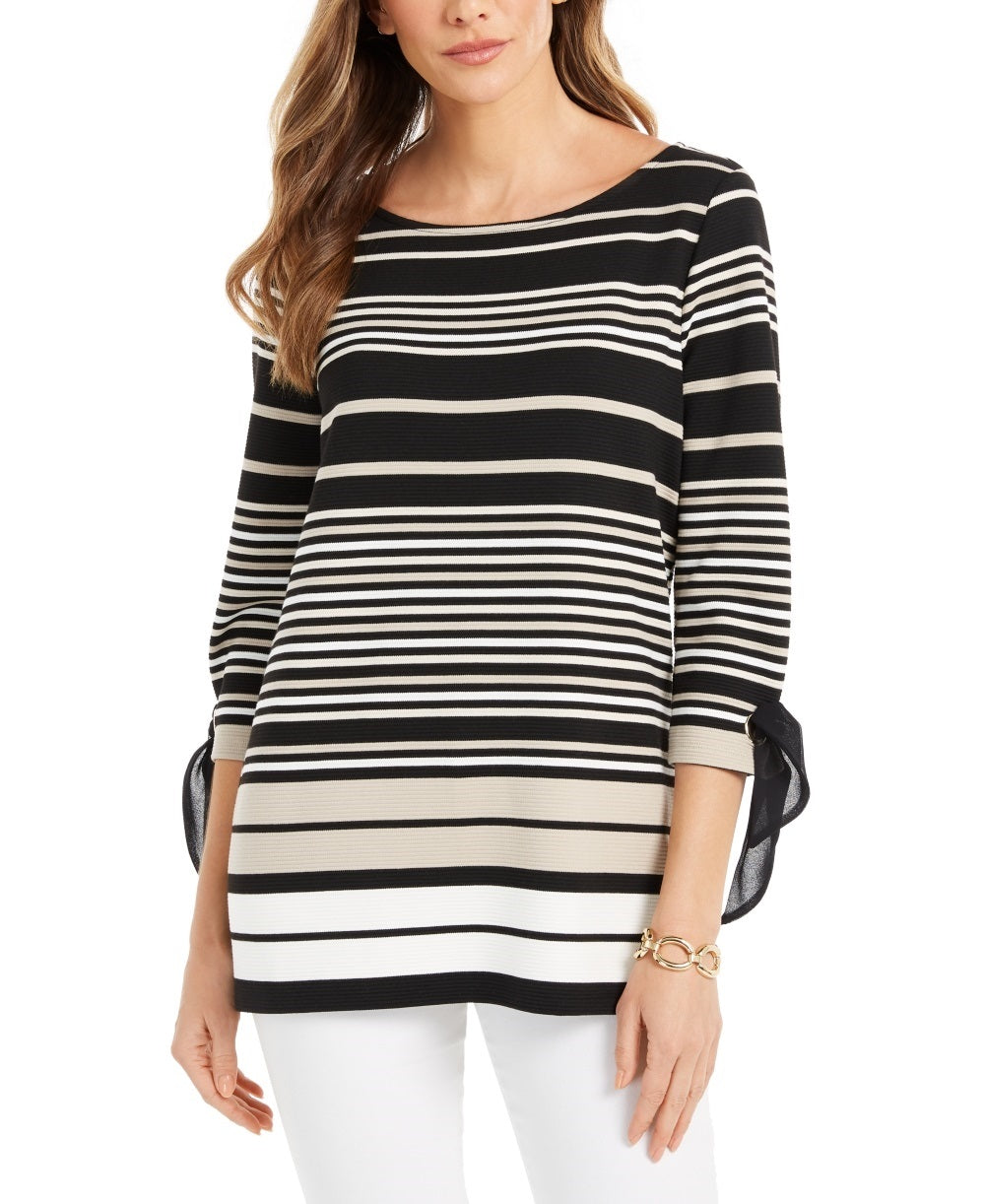 Charter Club Women's Striped Tie Sleeve Top Black Size Petite Small