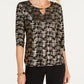 JM Collection Women's Printed 3/4 Sleeve Keyhole Top Black Size Petite Small