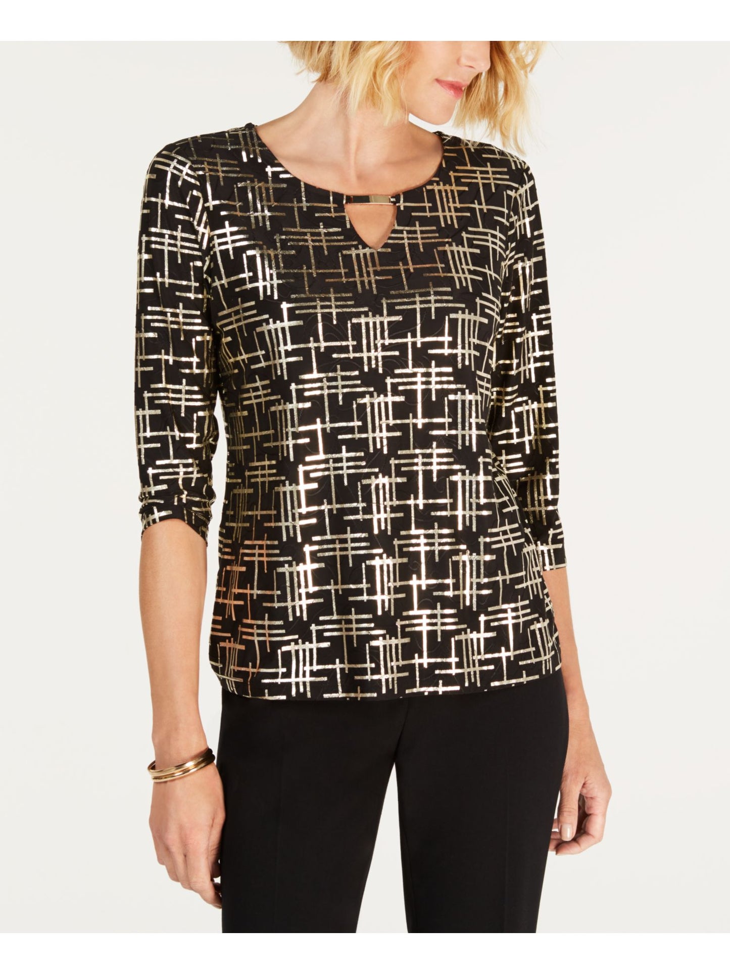 JM Collection Women's Printed 3/4 Sleeve Keyhole Top Black Size Petite Small