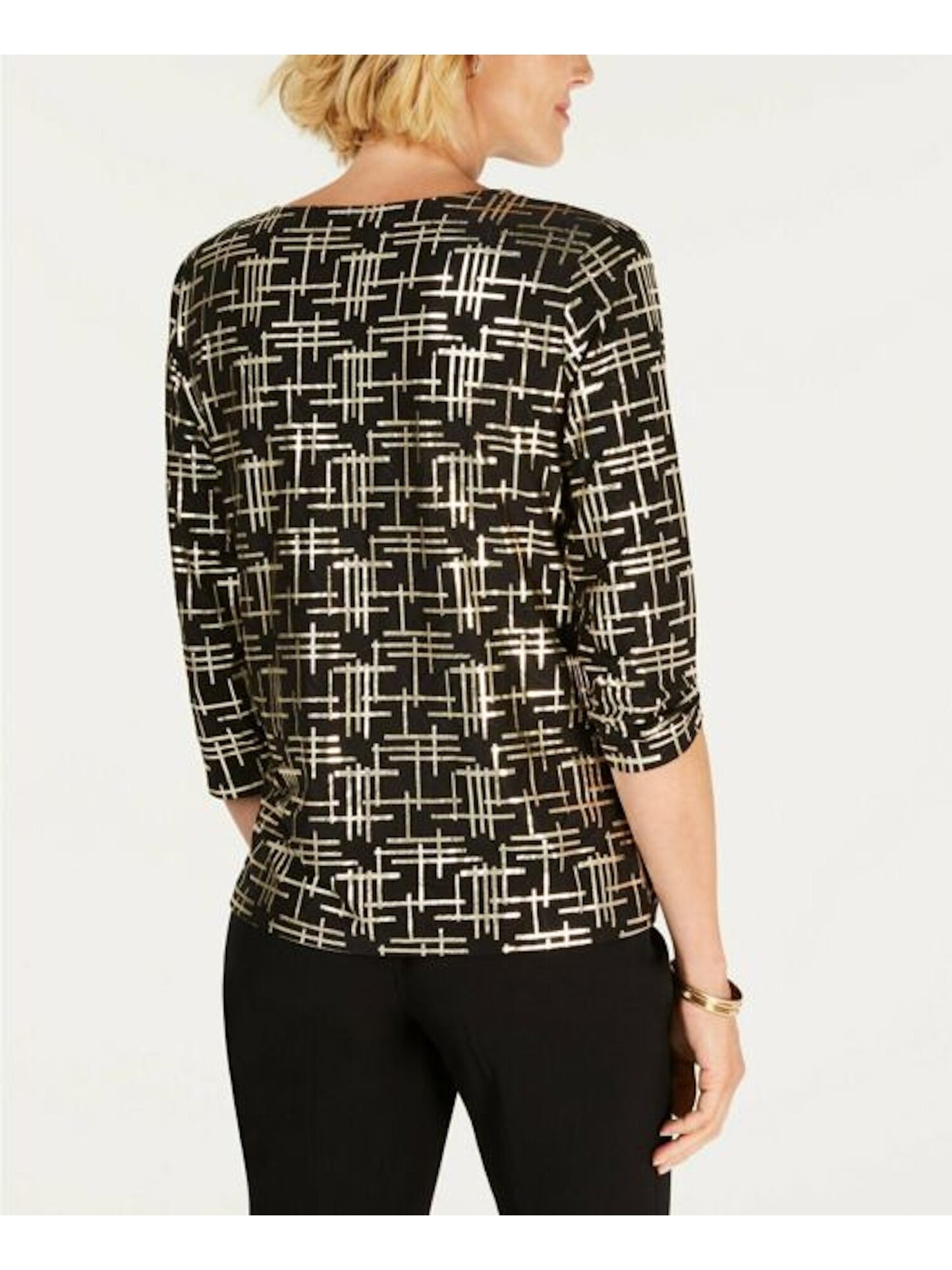 JM Collection Women's Printed 3/4 Sleeve Keyhole Top Black Size Petite Small