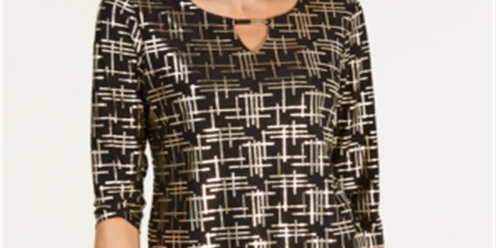 JM Collection Women's Printed 3/4 Sleeve Keyhole Top Black Size Petite Small