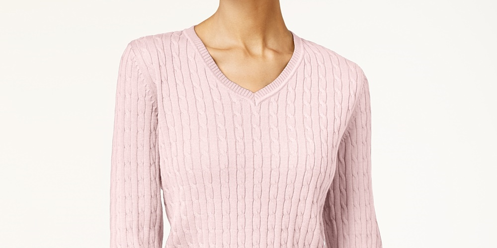 Karen Scott Women's Solid Cable Knit V Neck Sweater  Pink Size X-Large