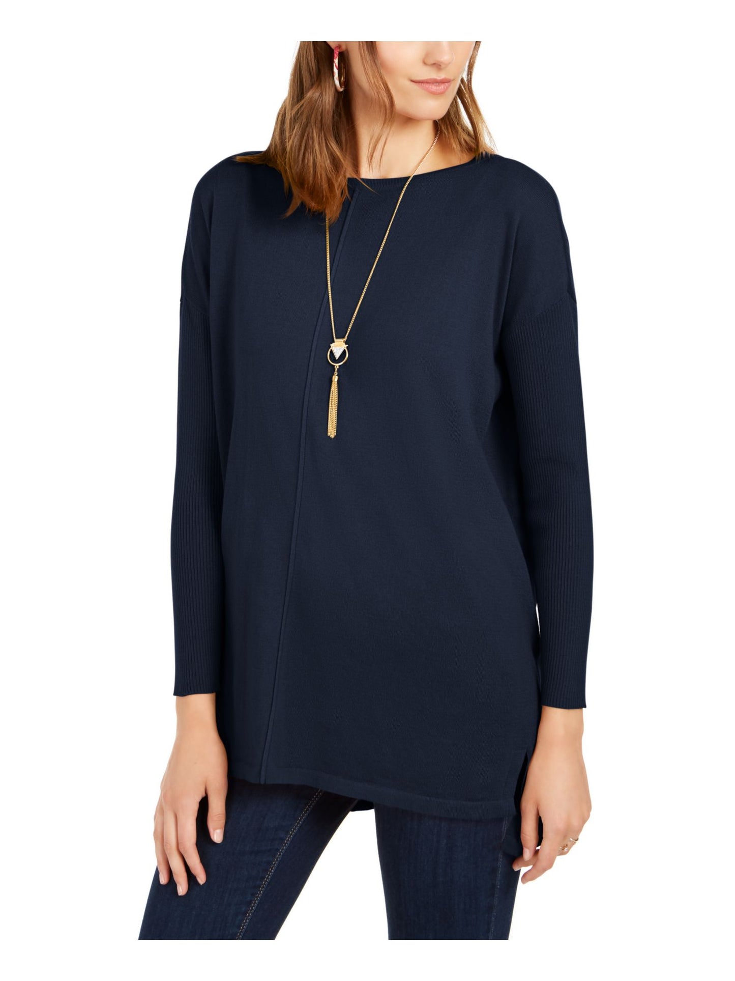Style & Co Women's Seam front Long Sleeve Boat Neck Tunic Sweater Blue Size Petite X-Large