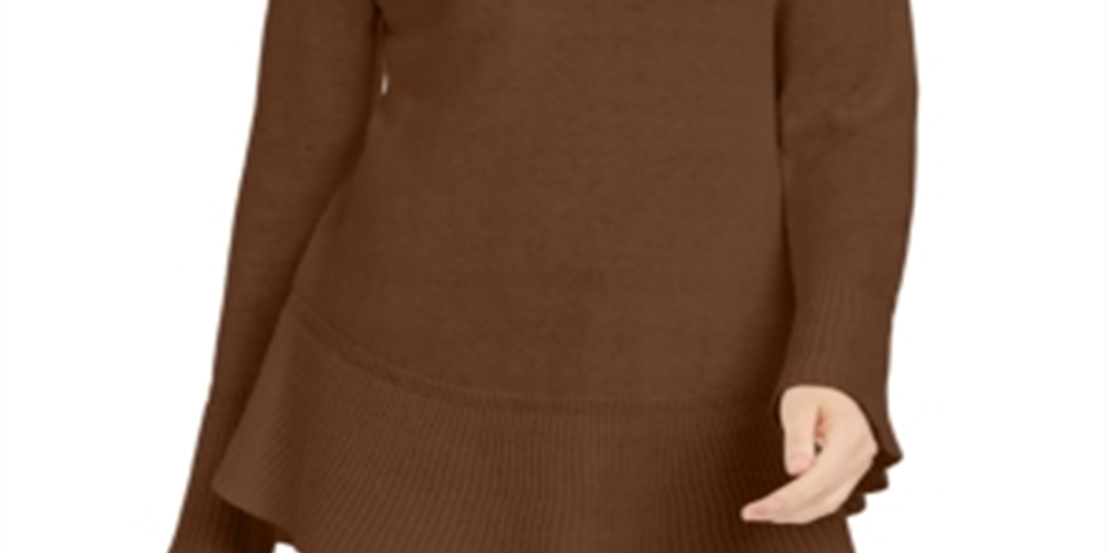 Style & Co Women's Ribbed Patterned Long Sleeve Jewel Neck Blouse Sweater Brown Size Petite Large