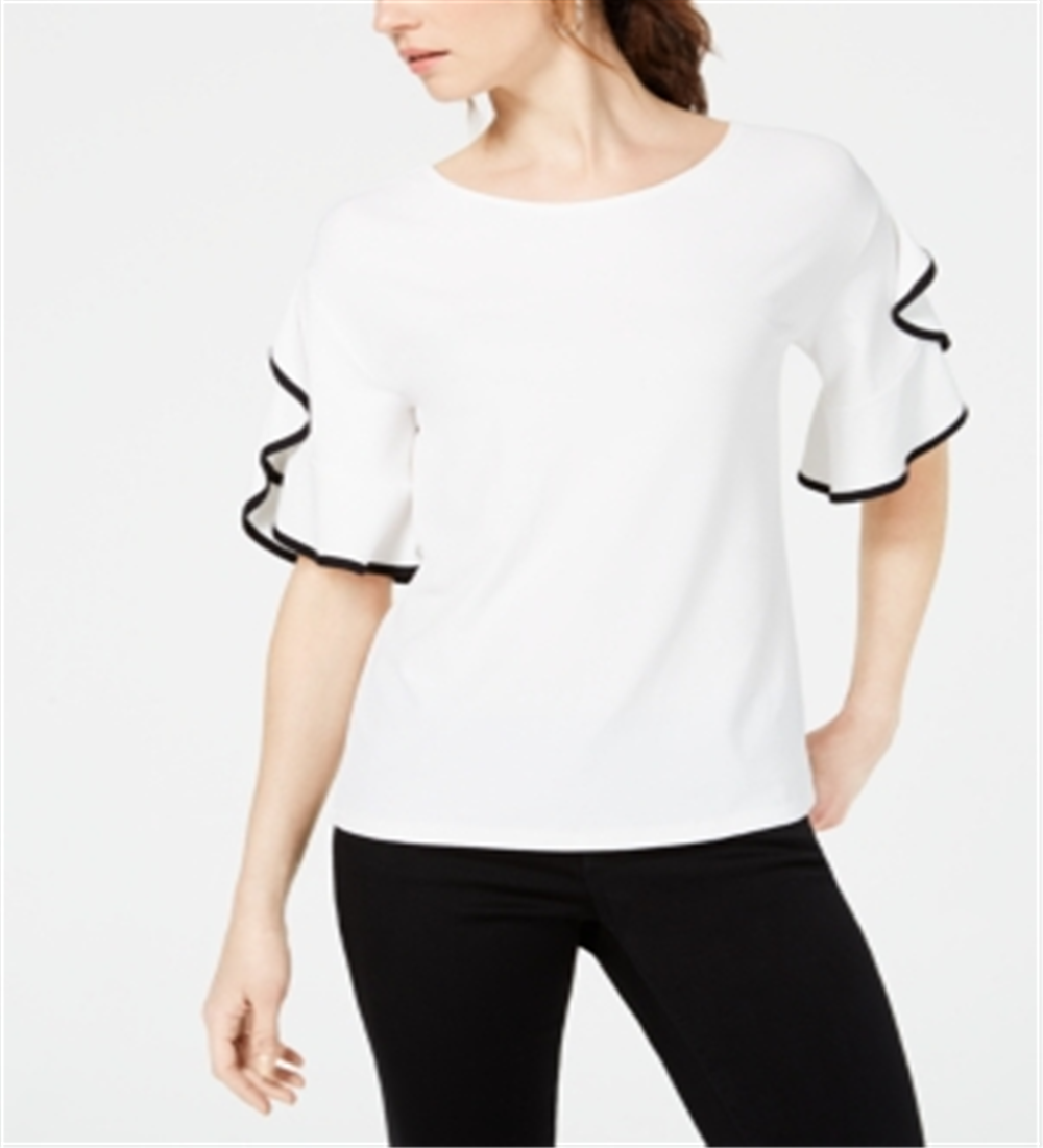 John Paul Richard Women's Piped Ruffle Sleeve Top White Size Petite XS