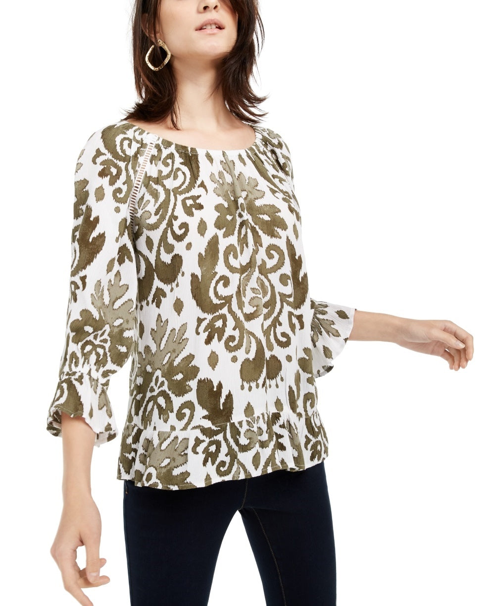 INC International Concepts Women's Ladder Stitch Printed Peasant Top Bright Brown Size Small