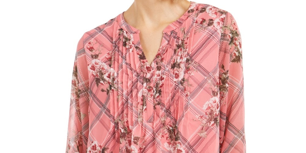 Charter Club Women's Mixed-Print Split-Neck Top Pink Size Petite Small