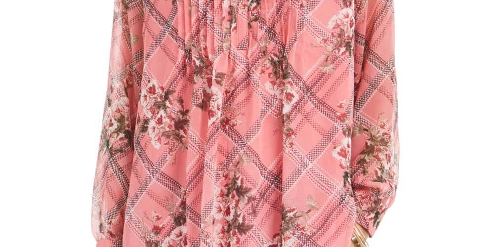 Charter Club Women's Mixed-Print Split-Neck Top Pink Size Petite Small