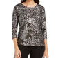 JM Collection Women's Printed Gel Dot 3/4 Sleeve Top Black-Silver Size Petite L