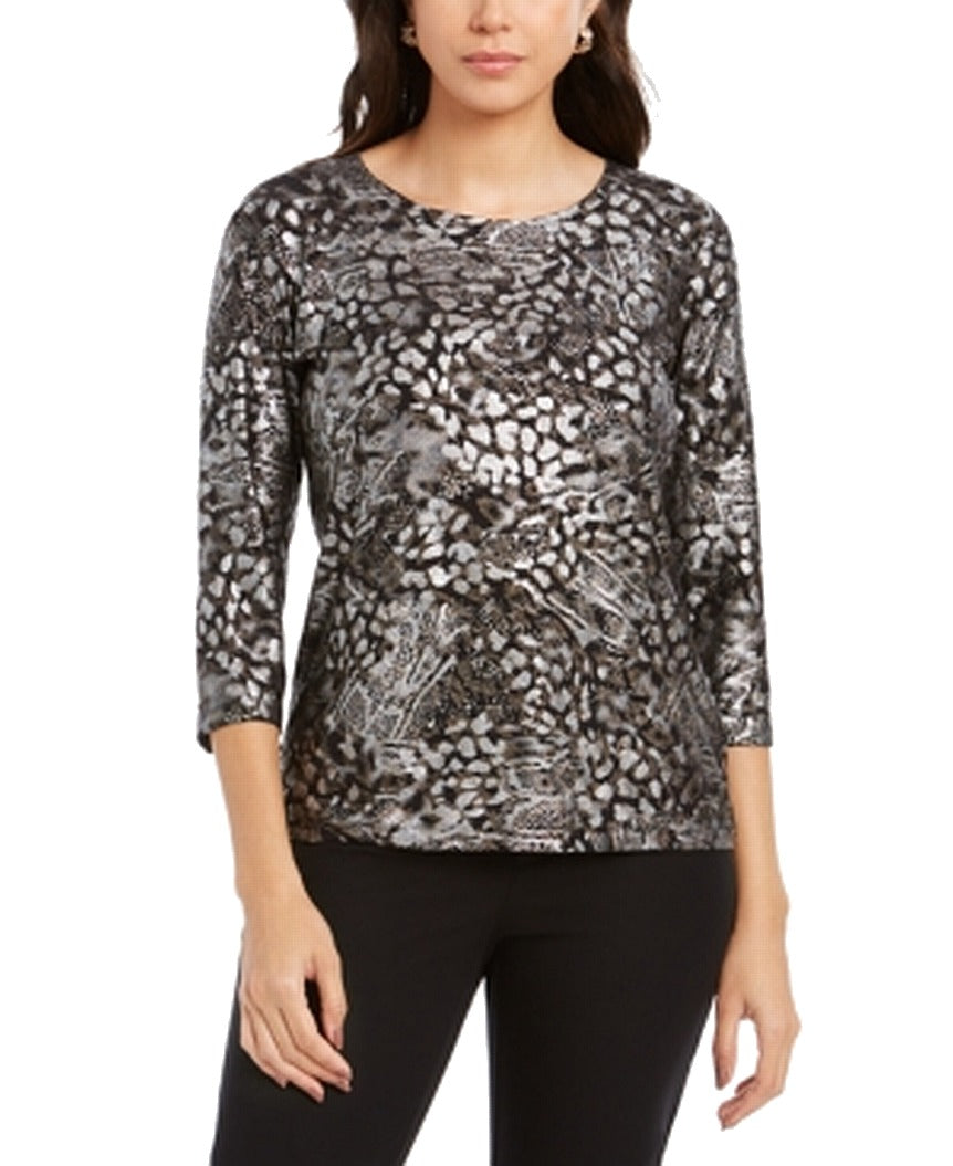 JM Collection Women's Printed Gel Dot 3/4 Sleeve Top Black-Silver Size Petite L