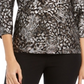 JM Collection Women's Printed Gel Dot 3/4 Sleeve Top Black-Silver Size Petite L