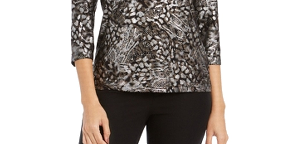 JM Collection Women's Printed Gel Dot 3/4 Sleeve Top Black-Silver Size Petite L