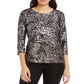 JM Collection Women's Printed Gel Dot 3/4 Sleeve Top Black-Silver Size Petite L