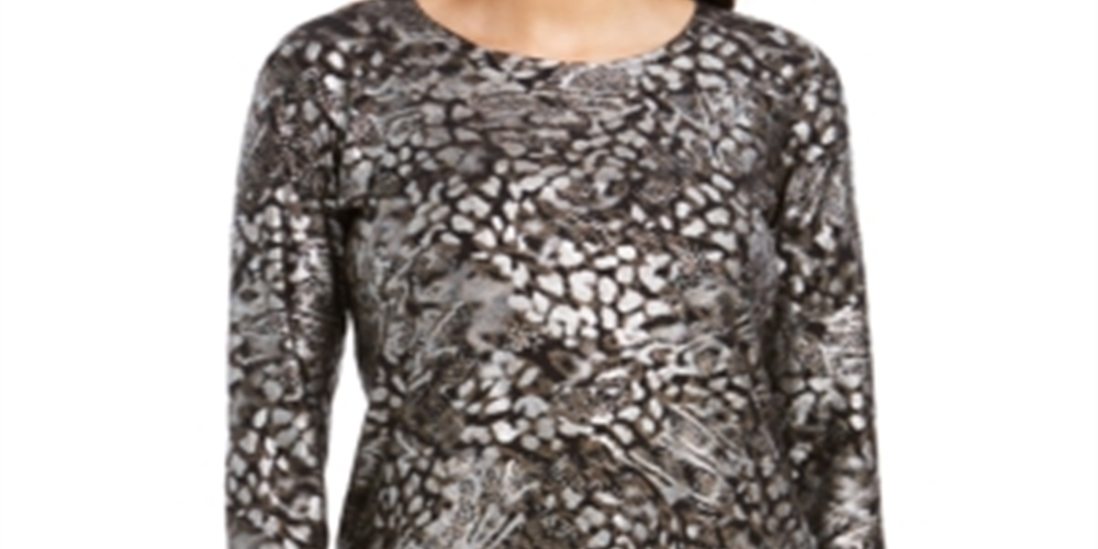 JM Collection Women's Printed Gel Dot 3/4 Sleeve Top Black-Silver Size Petite L