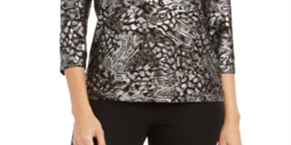JM Collection Women's Printed Gel Dot 3/4 Sleeve Top Black-Silver Size Petite L
