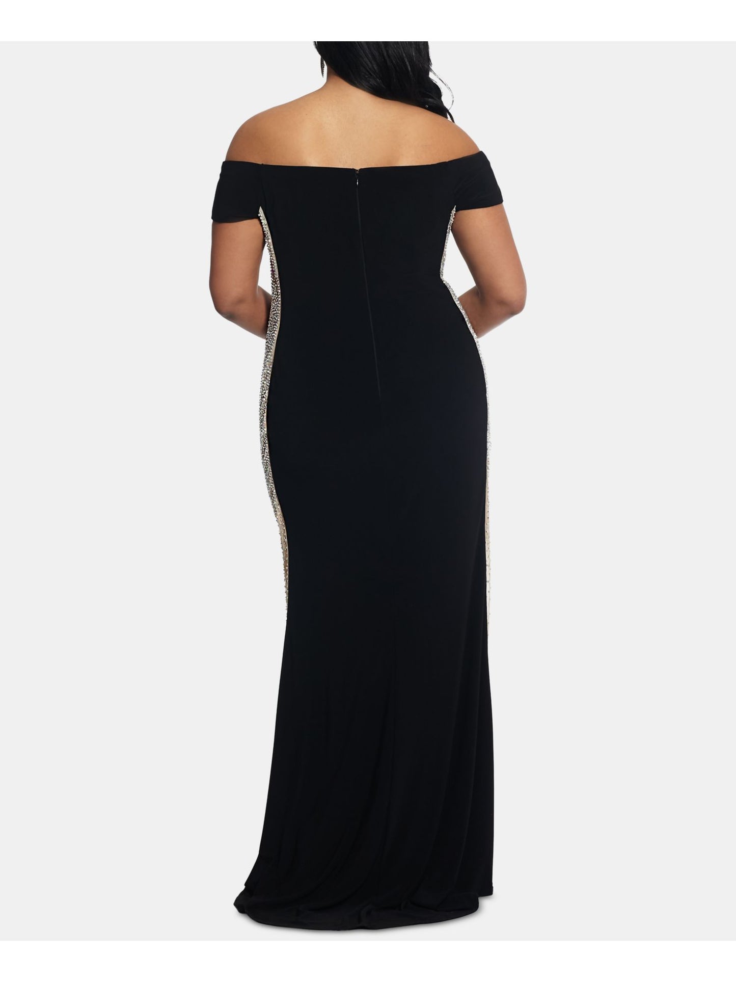 Xscape Women's Embellished Zippered Short Sleeve Off Shoulder Full Length Sheath Formal Dress Black Size 8 Petite