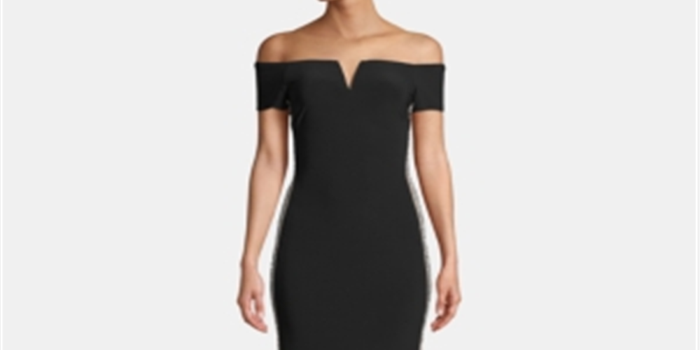 Xscape Women's Embellished Zippered Short Sleeve Off Shoulder Full Length Sheath Formal Dress Black Size 8 Petite